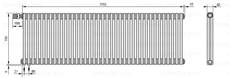 Схема (чертеж) Радиатор Zehnder Charleston 2075/37 №V001 Белый глянцевый RAL 9016